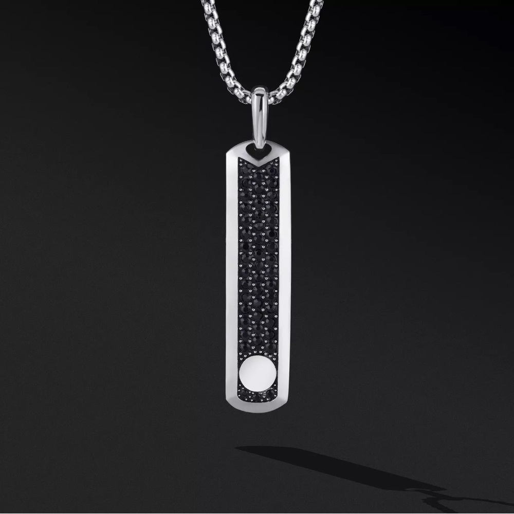 Stainless Steel tag with pave black crystals on chain.